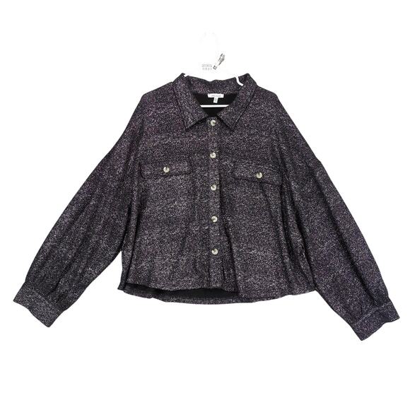 White Birch Women's Plus 3X Black Metallic Silver Button Up Shirt Drop Shoulder - Picture 1 of 6